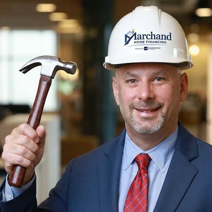 Brian Marchand in a The Marchand Team hard hat holding a hammer