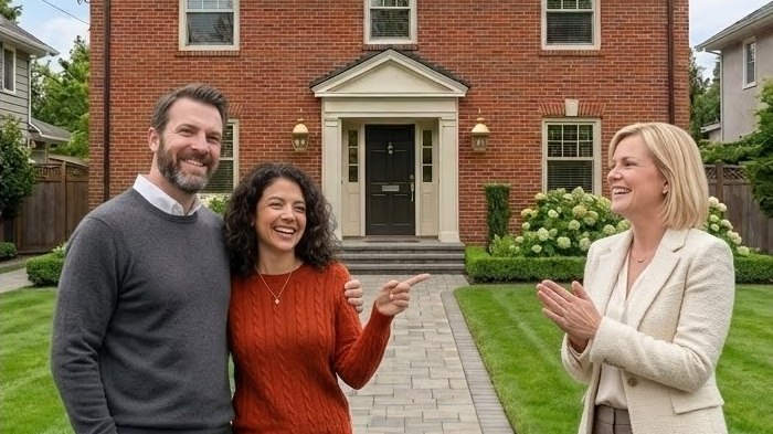 The same brick colonial beautifully renovated, with the happy couple out front
