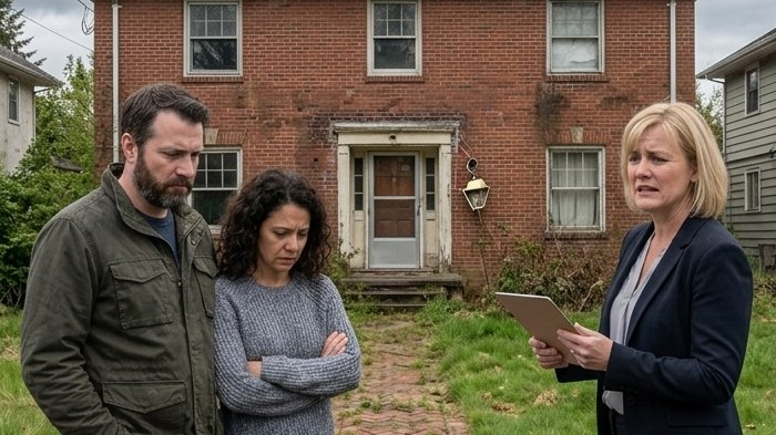 A worried couple with their agent in front of a rundown brick colonial, before renovation