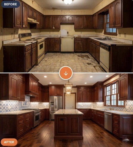 A dated kitchen before renovation and the same kitchen beautifully remodeled after