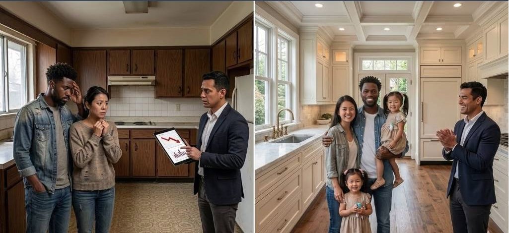Before and after: a dated kitchen with a worried couple, and the same kitchen beautifully renovated with a happy family